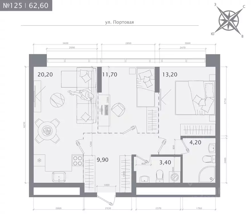 2-к кв. Татарстан, Казань 1712 жилой комплекс (62.6 м) - Фото 1