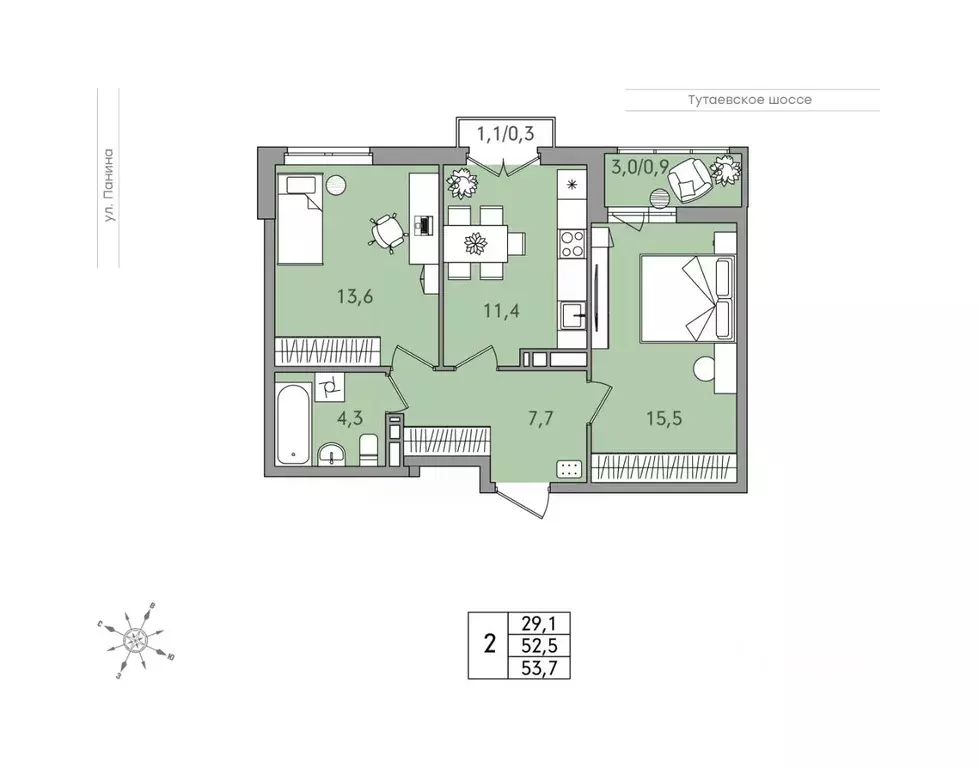 2-к кв. Ярославская область, Ярославль Тутаевское ш., 93Б (53.7 м) - Фото 1