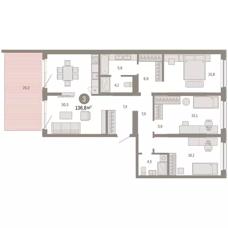 3-комнатная квартира: Новосибирск, Большевистская улица, с49 (136.82 ... - Фото 1