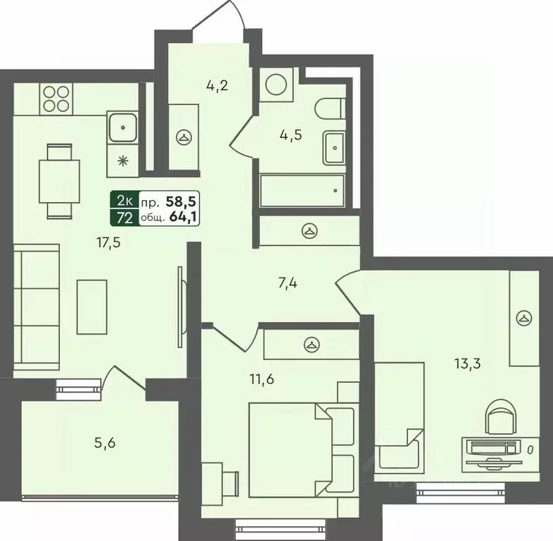 2-к кв. Омская область, Омск Красноярский тракт (64.1 м) - Фото 0