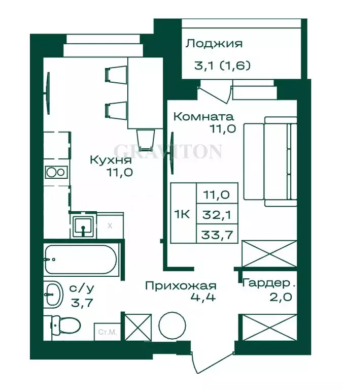 1-комнатная квартира: село Майма, Алтайская улица, 2Г (33.7 м) - Фото 1