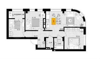 3-к. квартира, 73 м, 6/9 эт. - Фото 1