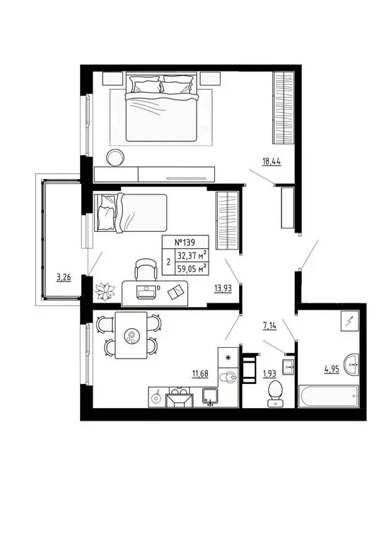 2-комнатная квартира: Аннино, ЖК Аннино Сити (59.05 м) - Фото 0