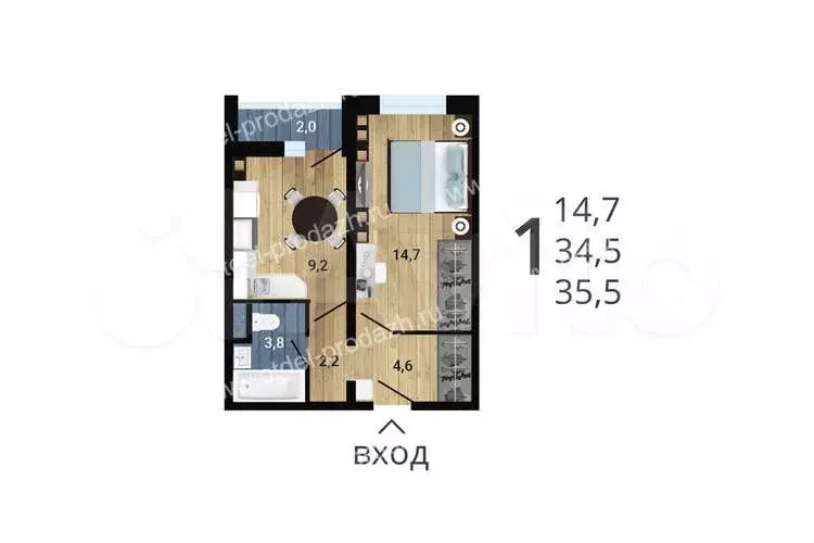 1-к. квартира, 35,5 м, 5/15 эт. - Фото 0