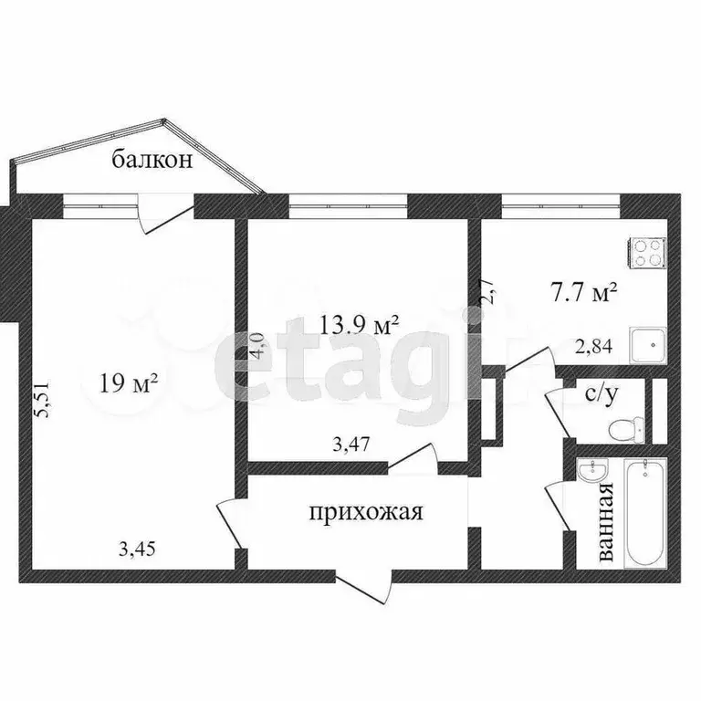 2-к. квартира, 51,9 м, 5/9 эт. - Фото 0
