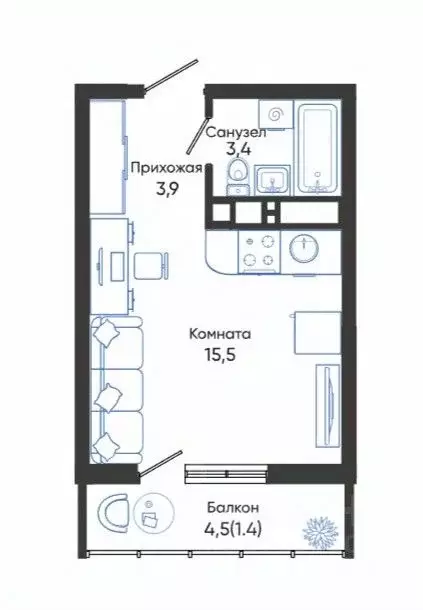 Студия Краснодарский край, Новороссийск Облака 3 жилой комплекс (24.2 ... - Фото 0