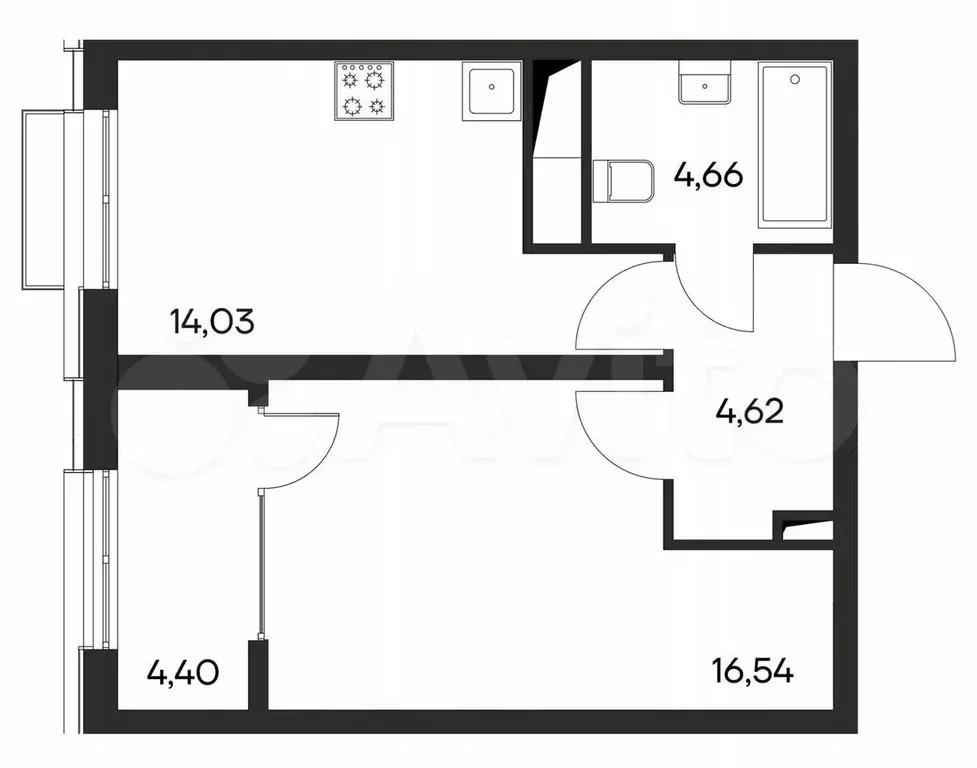 1-к. квартира, 44,3 м, 2/4 эт. - Фото 1