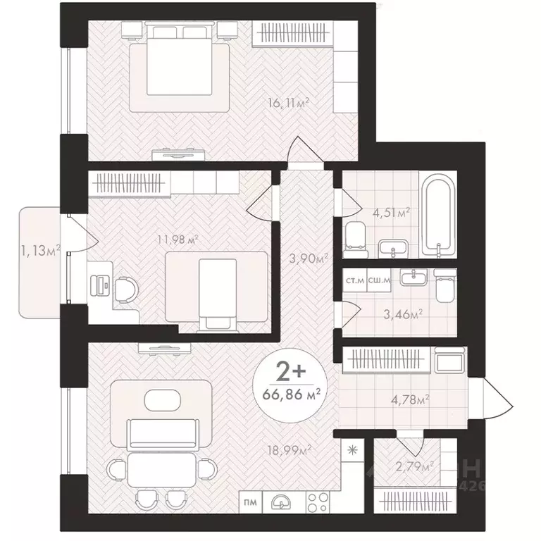 2-к кв. Башкортостан, Уфа Южный-2 мкр,  (66.86 м) - Фото 1