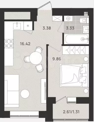 1-к. квартира, 34,3 м, 5/9 эт. - Фото 1