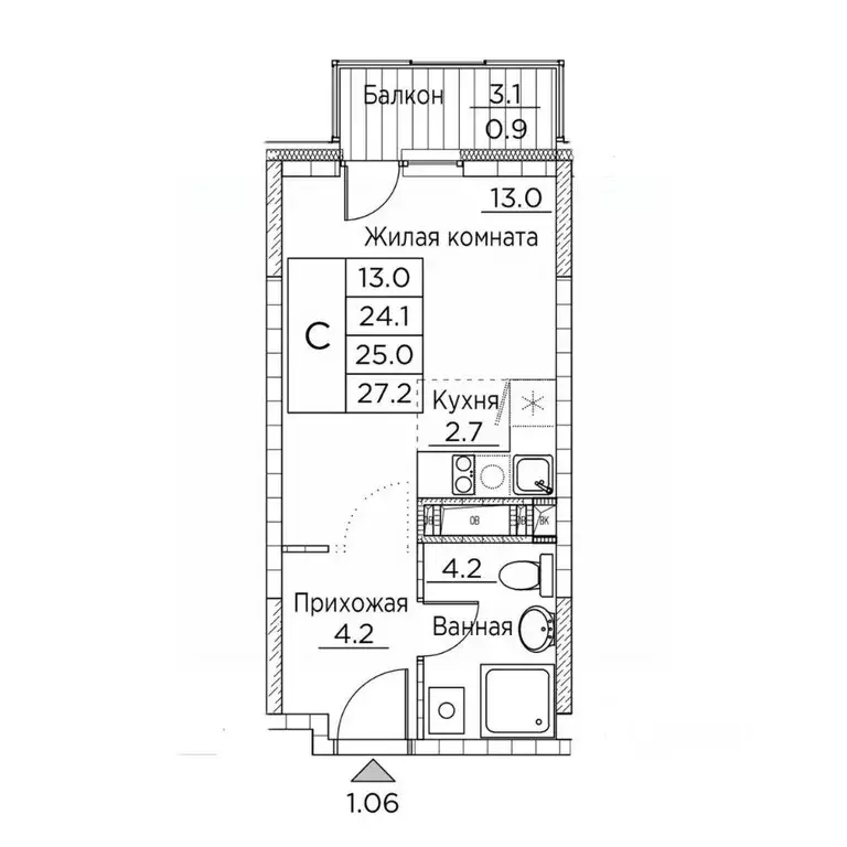 Студия Приморский край, Владивосток ул. Расула Гамзатова, 7к2 (27.2 м) - Фото 2