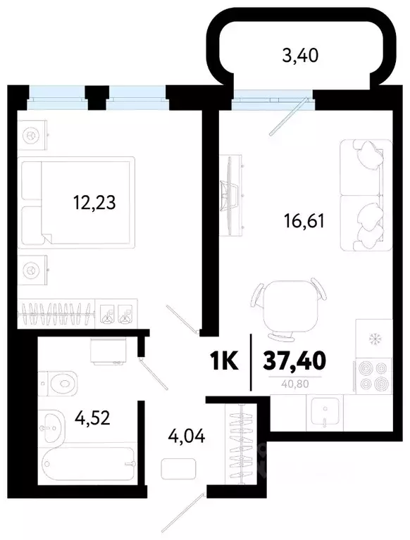 1-к кв. Тюменская область, Тюмень ул. Василия Малкова, 32 (37.4 м) - Фото 1