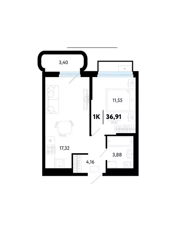 1-комнатная квартира: Тюмень, улица Ильи Кургузова, 4 (39 м) - Фото 0