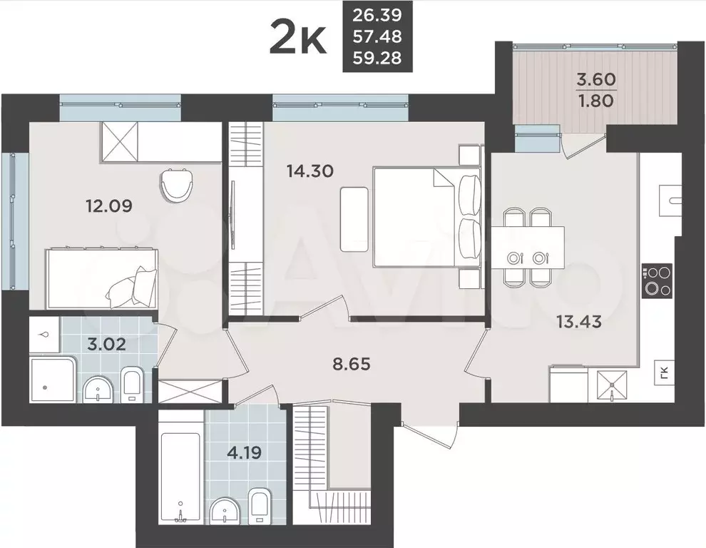 2-к. квартира, 57,5 м, 4/9 эт. - Фото 1