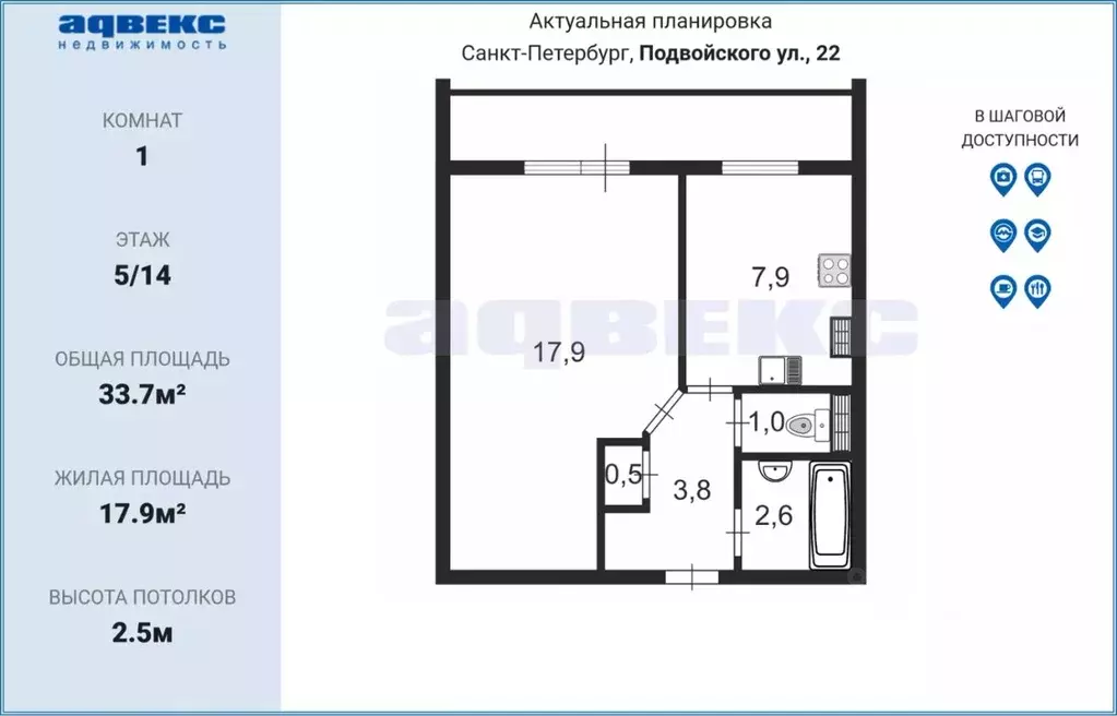 1-к кв. Санкт-Петербург ул. Подвойского, 22 (33.7 м) - Фото 1