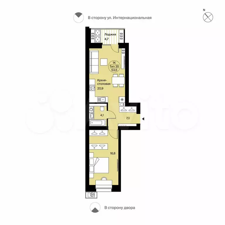 1-к. квартира, 53,5 м, 2/9 эт. - Фото 0