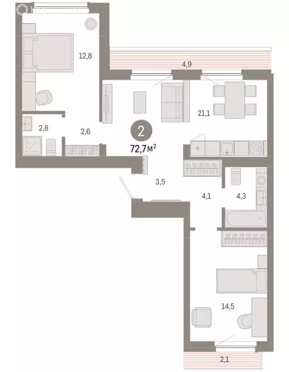 2-комнатная квартира: Новосибирск, квартал Лебедевский (72.7 м) - Фото 1