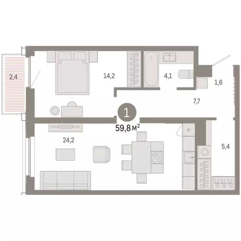 1-комнатная квартира: Тюмень, Мысовская улица, 26к2 (59.76 м) - Фото 1