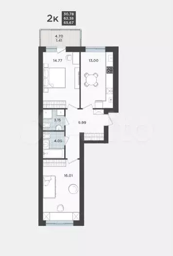 2-к. квартира, 62,4 м, 1/9 эт. - Фото 1