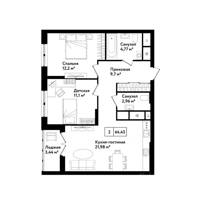 2-к кв. тульская область, тула ул. седова, 26к1 (68.0 м) - Фото 0