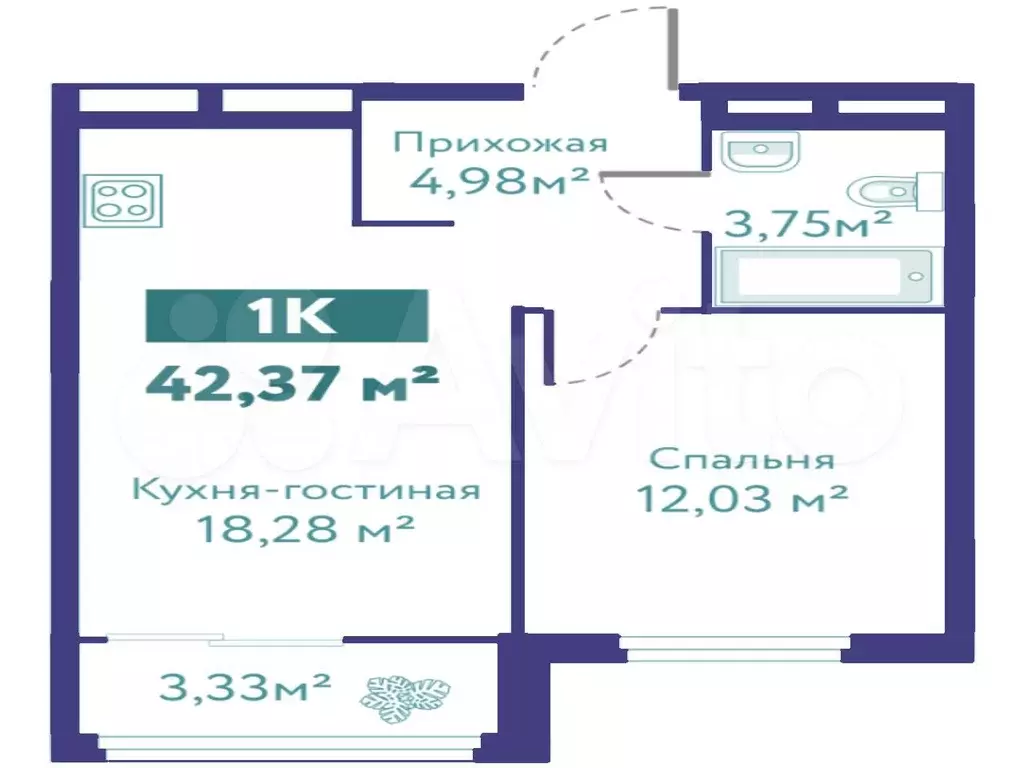 1-к. квартира, 42,4 м, 9/10 эт. - Фото 1