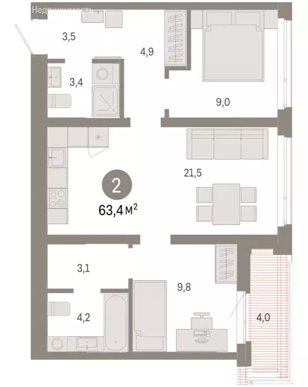 2-комнатная квартира: Тюмень, Ленинский округ (63.41 м) - Фото 1