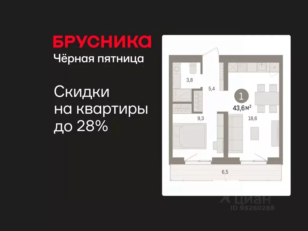 1-к кв. Свердловская область, Екатеринбург пер. Торфяной, 4 (43.6 м) - Фото 1