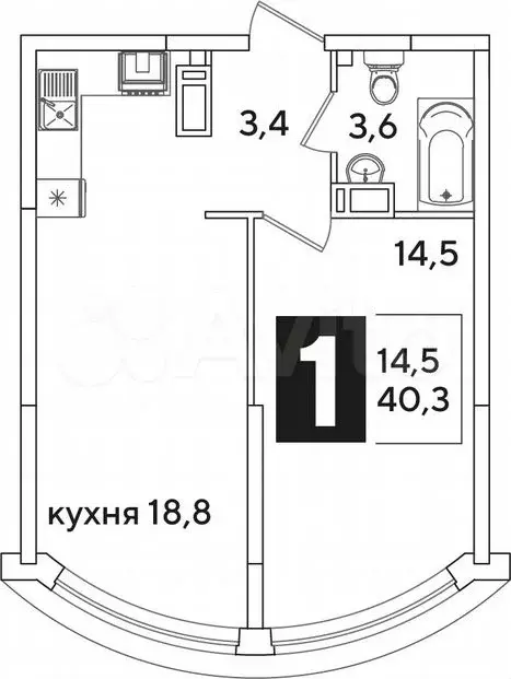 1-к. квартира, 40,3 м, 14/16 эт. - Фото 1