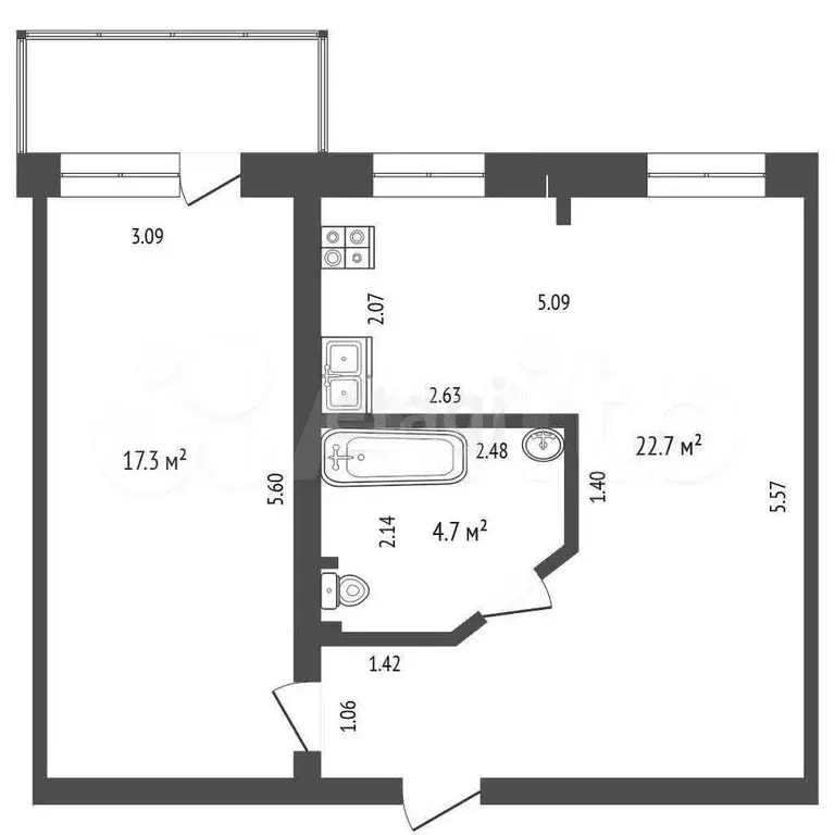 1-к. квартира, 44,7 м, 4/5 эт. - Фото 0