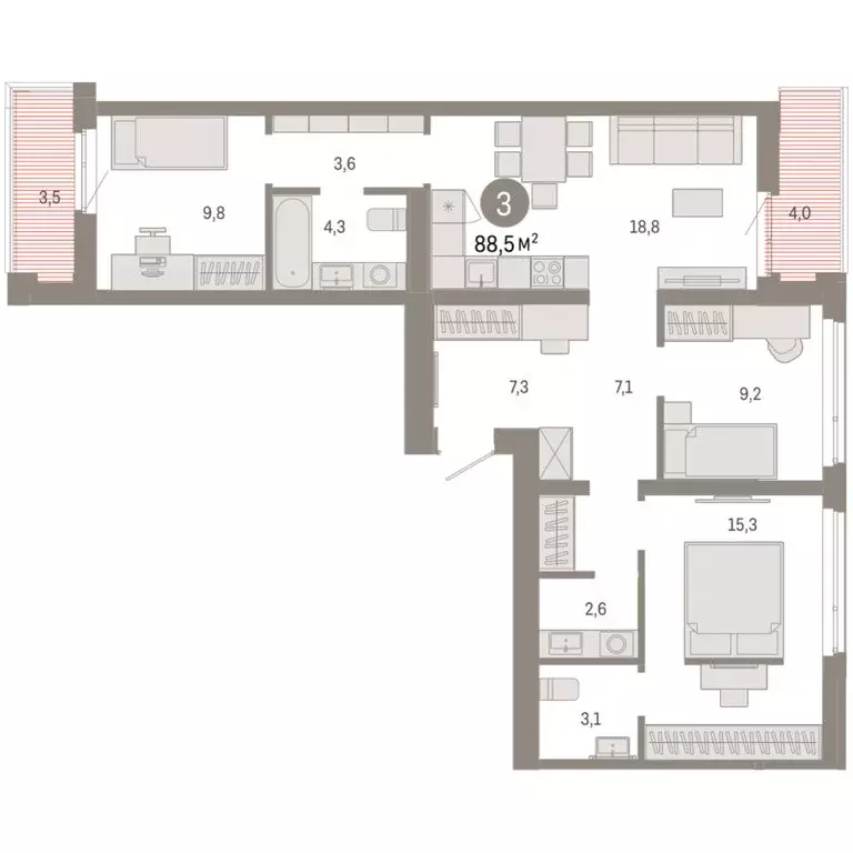 3-комнатная квартира: Тюмень, улица Республики, 205к3 (88.48 м) - Фото 2