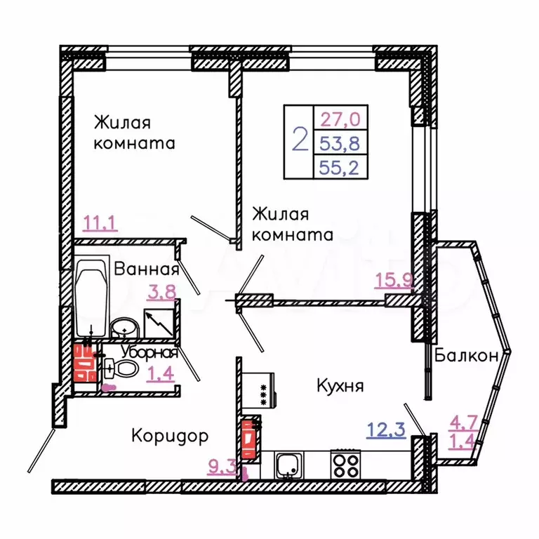 2-к. квартира, 55,2 м, 3/8 эт. - Фото 0