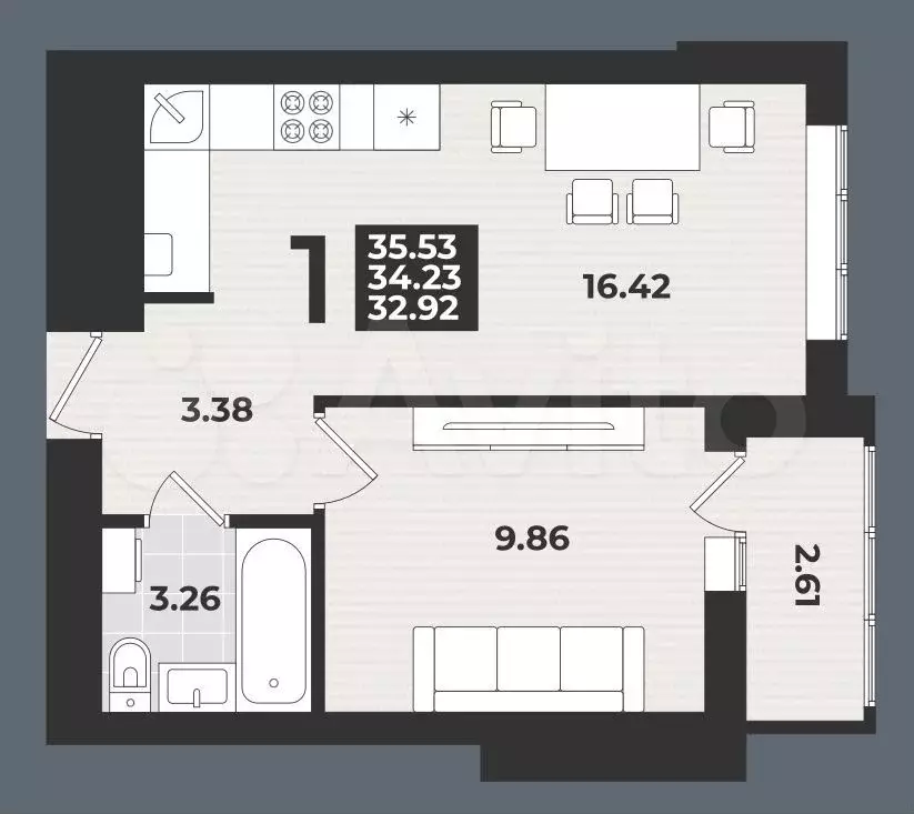 1-к. квартира, 36 м, 6/9 эт. - Фото 1