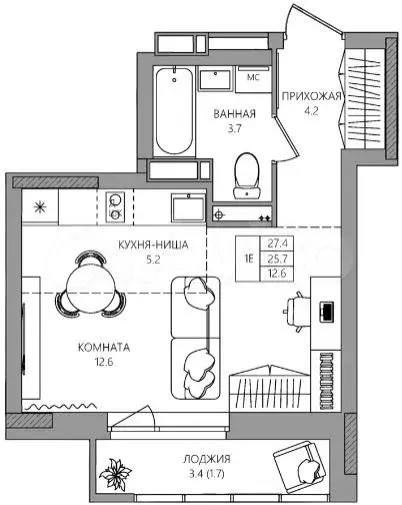 Квартира-студия, 27,4 м, 5/16 эт. - Фото 0