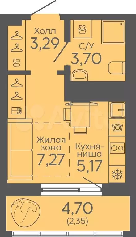 Квартира-студия, 21,8 м, 3/16 эт. - Фото 1