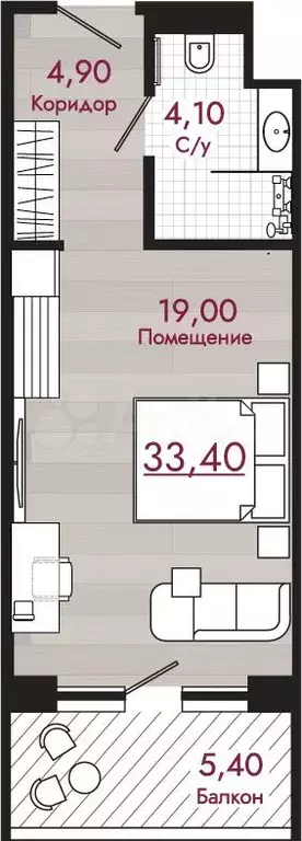 Квартира-студия, 33,4 м, 4/7 эт. - Фото 0