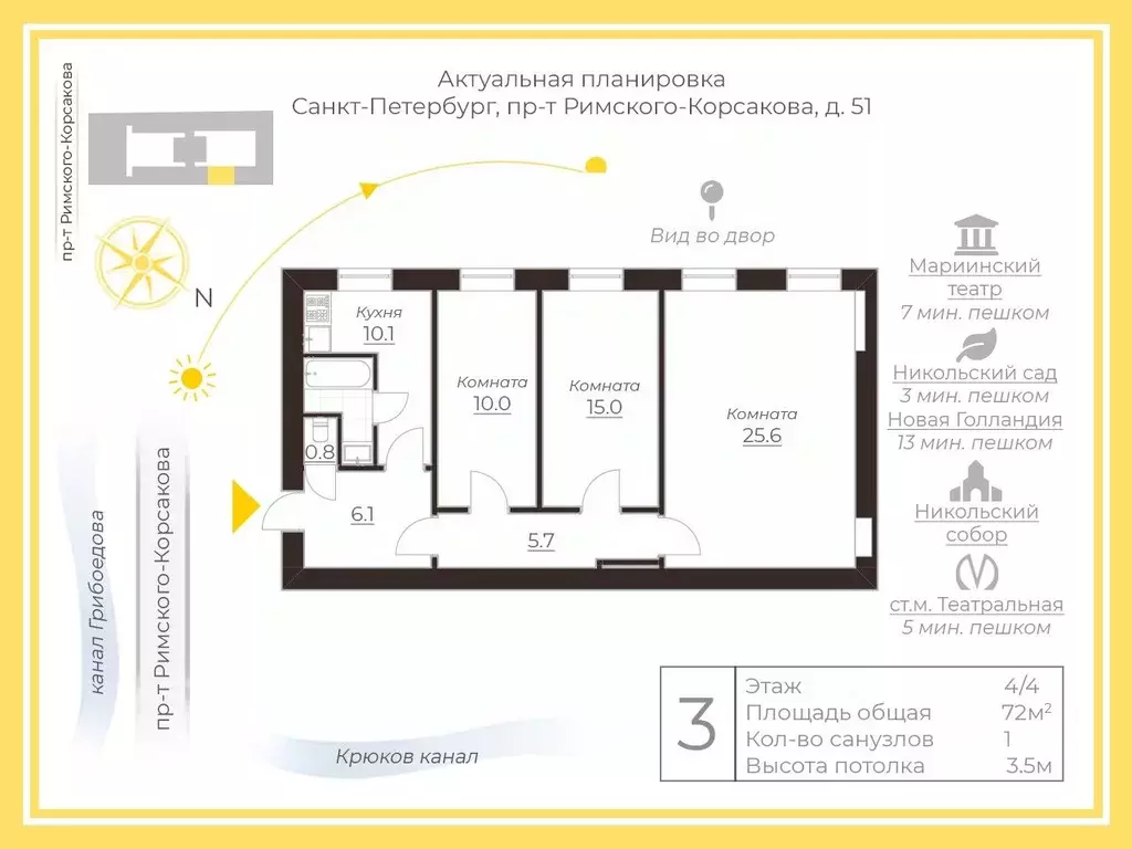 3-к кв. Санкт-Петербург просп. Римского-Корсакова, 51 (72.0 м) - Фото 2