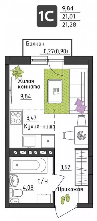 Квартира-студия, 21,3 м, 4/4 эт. - Фото 0