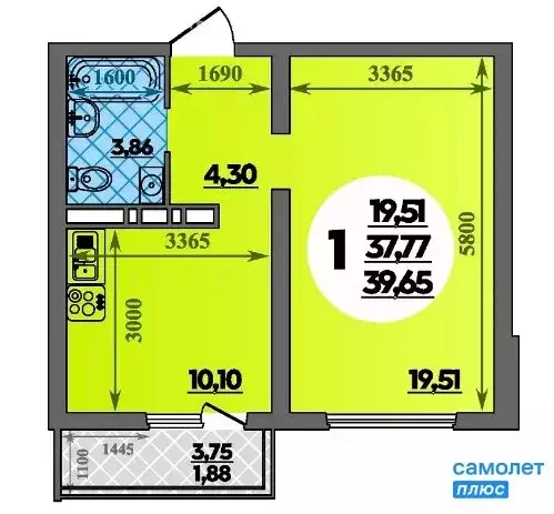 1-комнатная квартира: Анапа, улица Адмирала Пустошкина, 22к10 (39.65 ... - Фото 1