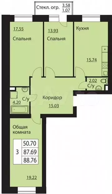 3-к. квартира, 88,8м, 2/7эт. - Фото 1