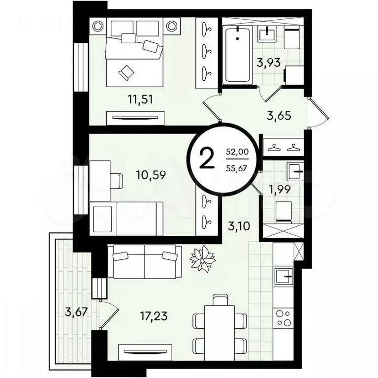 2-к. квартира, 55,7 м, 3/4 эт. - Фото 0