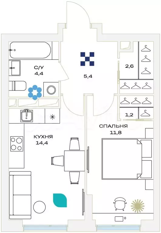 1-к. квартира, 41 м, 8/23 эт. - Фото 0