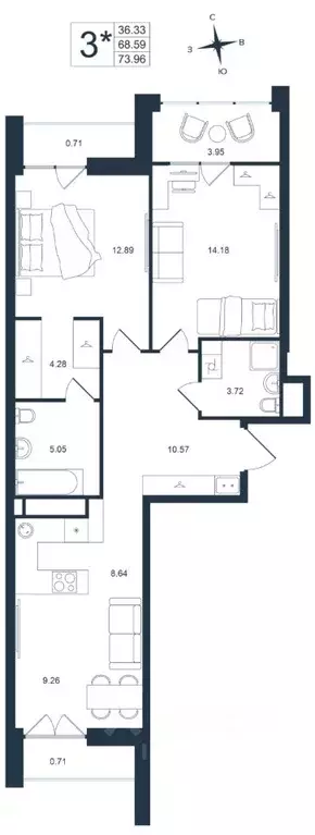 3-к кв. Приморский край, Владивосток Архитектор жилой комплекс (73.96 ... - Фото 1