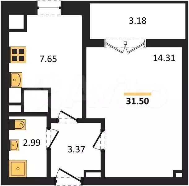 1-к. квартира, 31,5 м, 6/9 эт. - Фото 0