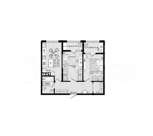 2-к. квартира, 63,8 м, 8/8 эт. - Фото 1
