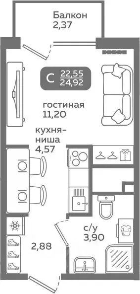 Студия Тюменская область, Тюмень ул. Заполярная, 9/2 (22.55 м) - Фото 0