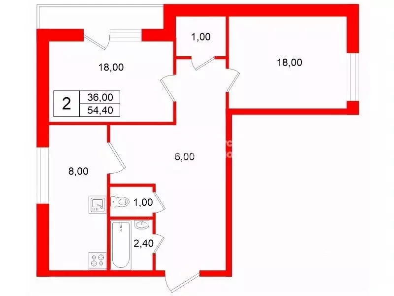 2-к кв. Санкт-Петербург ул. Крюкова, 10 (54.4 м) - Фото 2