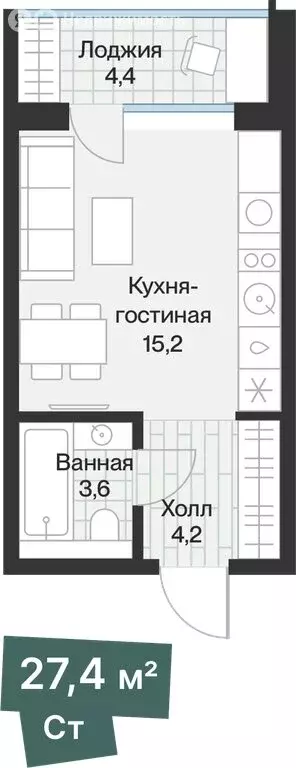 1-комнатная квартира: Тюмень, улица Игоря Комиссарова, 14 (25.19 м) - Фото 2