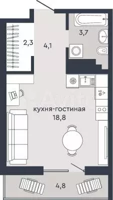 Квартира-студия, 31,3м, 18/18эт. - Фото 1