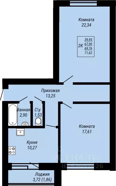 2-к кв. Ивановская область, Иваново Юбилейный жилой комплекс (71.62 м) - Фото 0