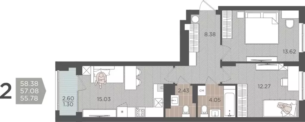 2-комнатная квартира: Калининград, Батальная улица, 65Б (57.08 м) - Фото 0