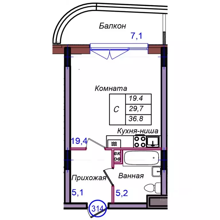 Студия Калининградская область, Светлогорск Балтийская ул. (36.8 м) - Фото 1